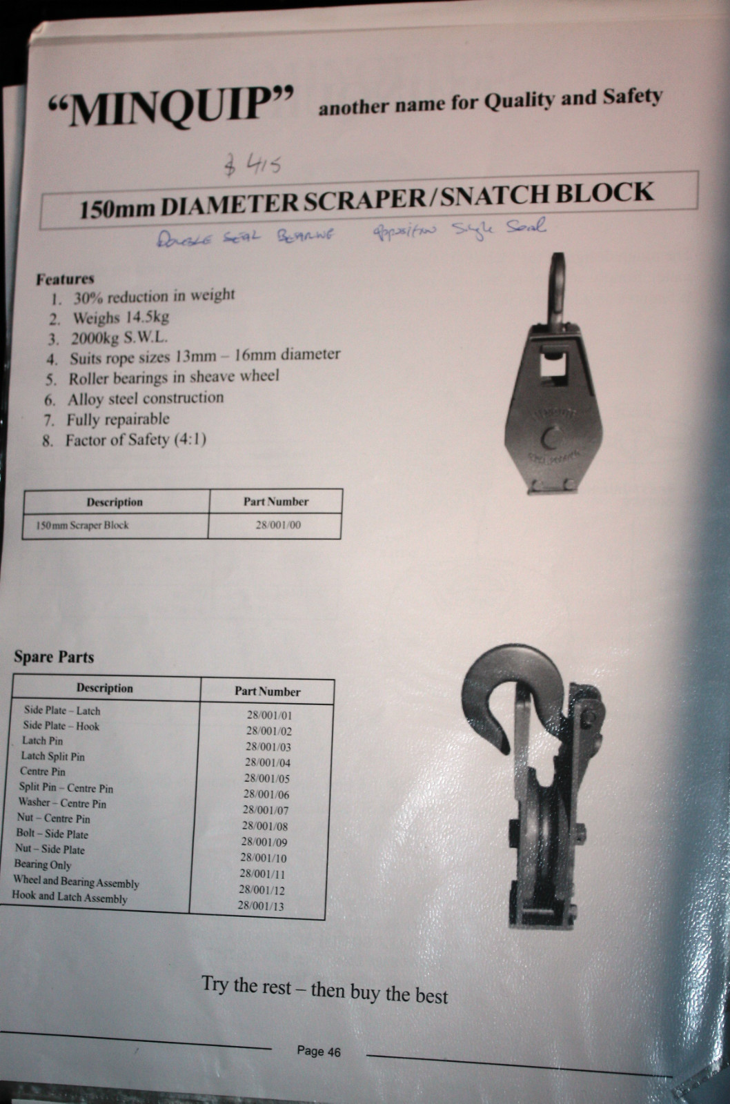 Minquip S.W.L. 2000 KG Mining Scraper type snatch block pulley 150mm NEW
