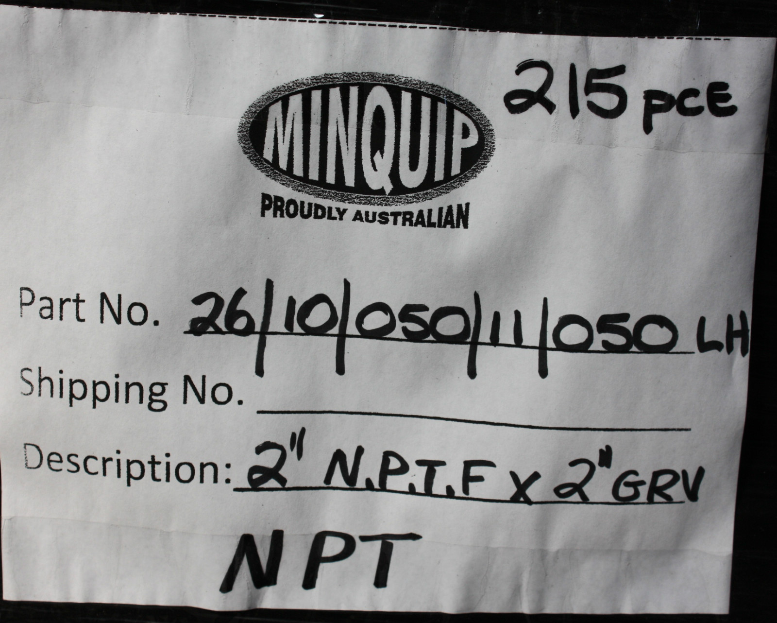Minquip 2″ Inch 50mm Ball Valve NPT F to GRV shoulder NEW
